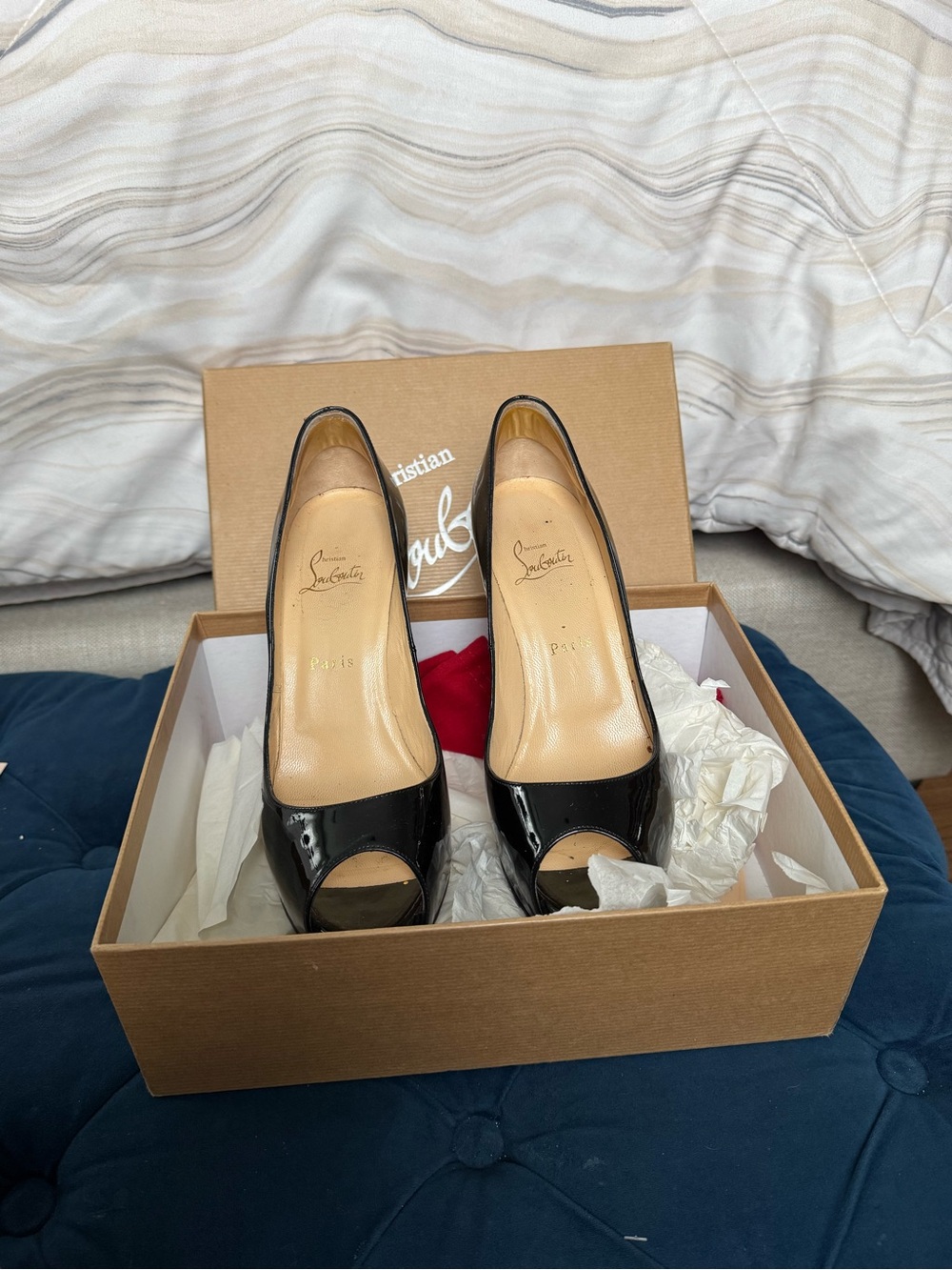 Christian Louboutin Black Patent Open-Toe Pumps